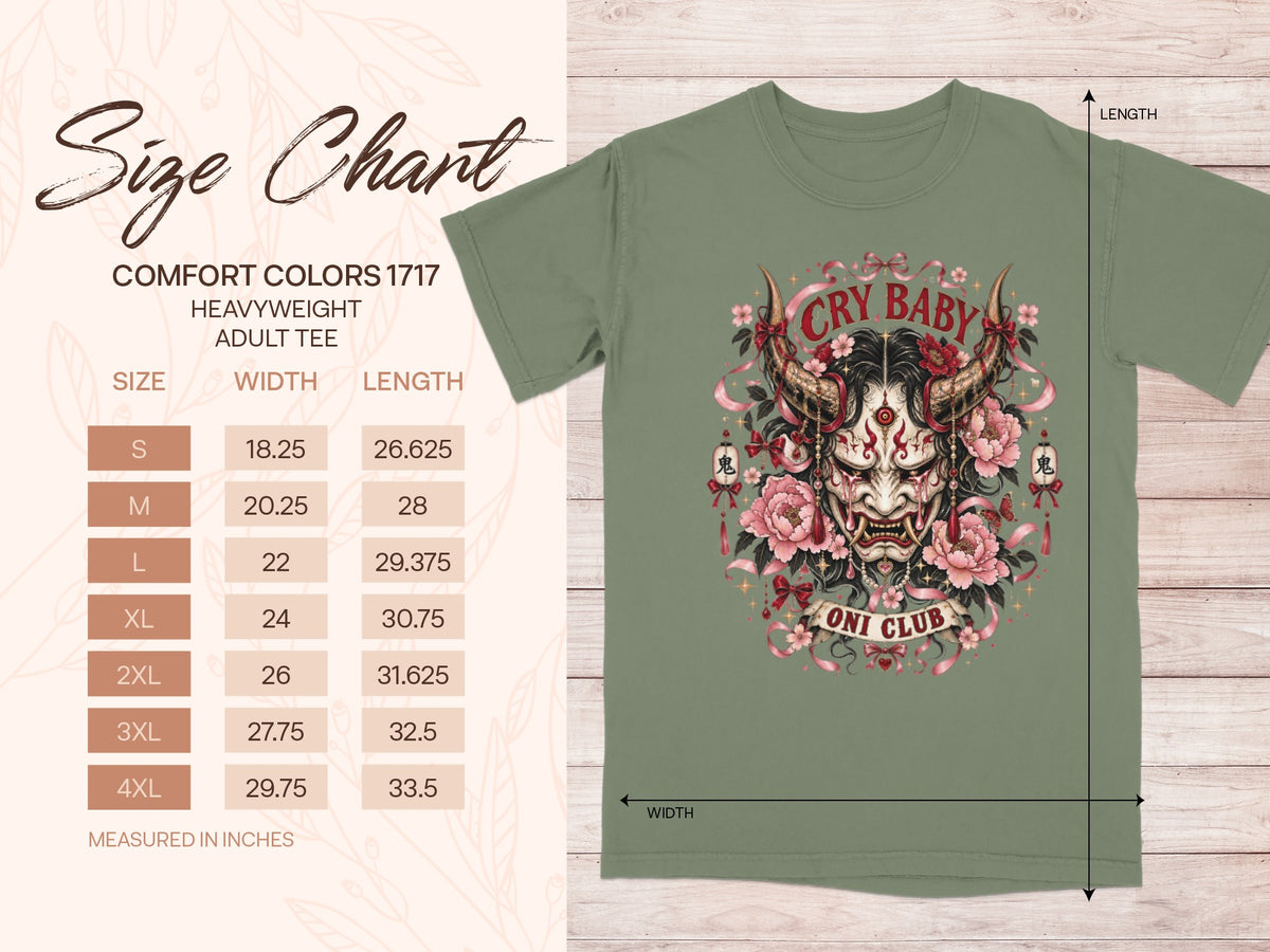Size chart for a heavyweight adult tee with "Cry Baby Oni Club" graphic.