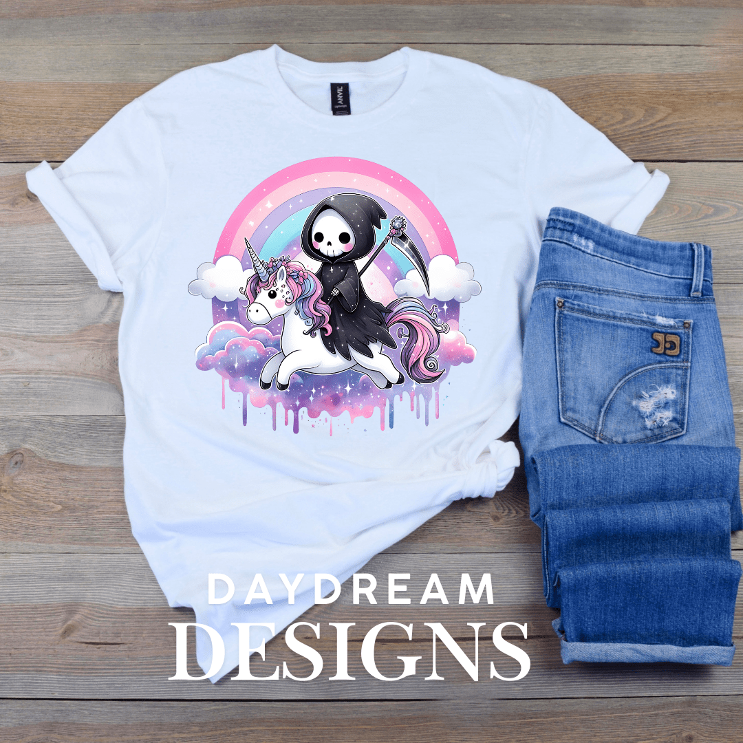 Grimm Reaper on Unicorn - DTF Transfer - Daydream Design Store - Physical
