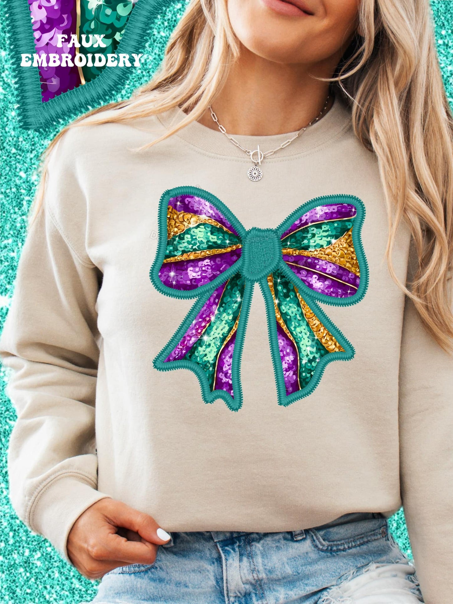 Mardi Gras Faux Embroidery Bow DTF Transfer - Daydream Design Store - Physical