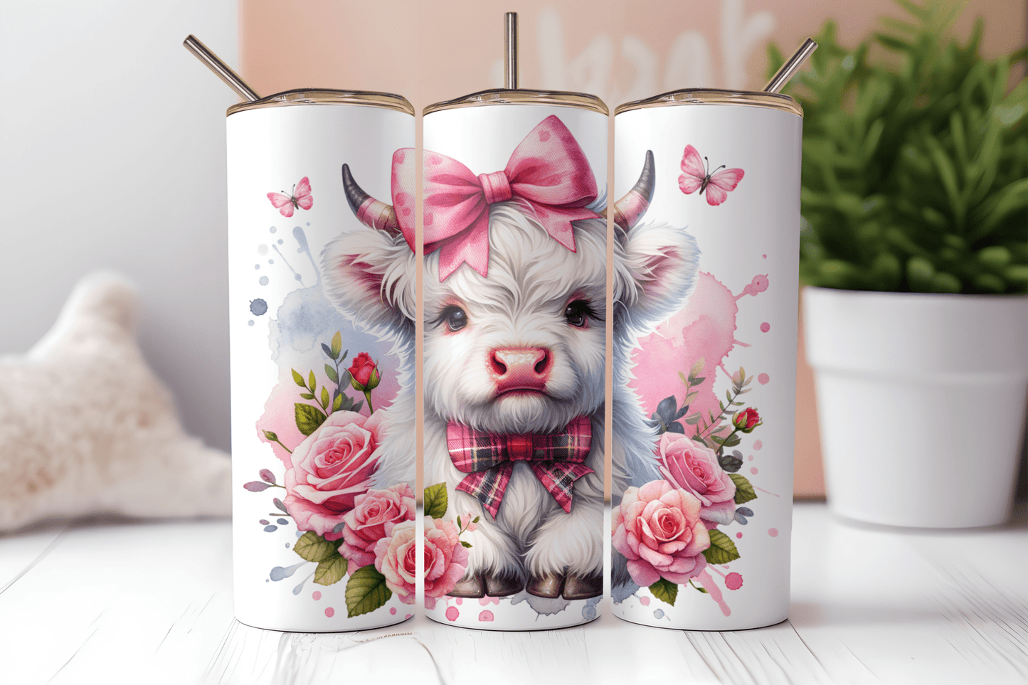 Pink Bow Coquette White Highland Cow 20oz Sublimation Tumbler Wrap - Daydream Design Store - Physical