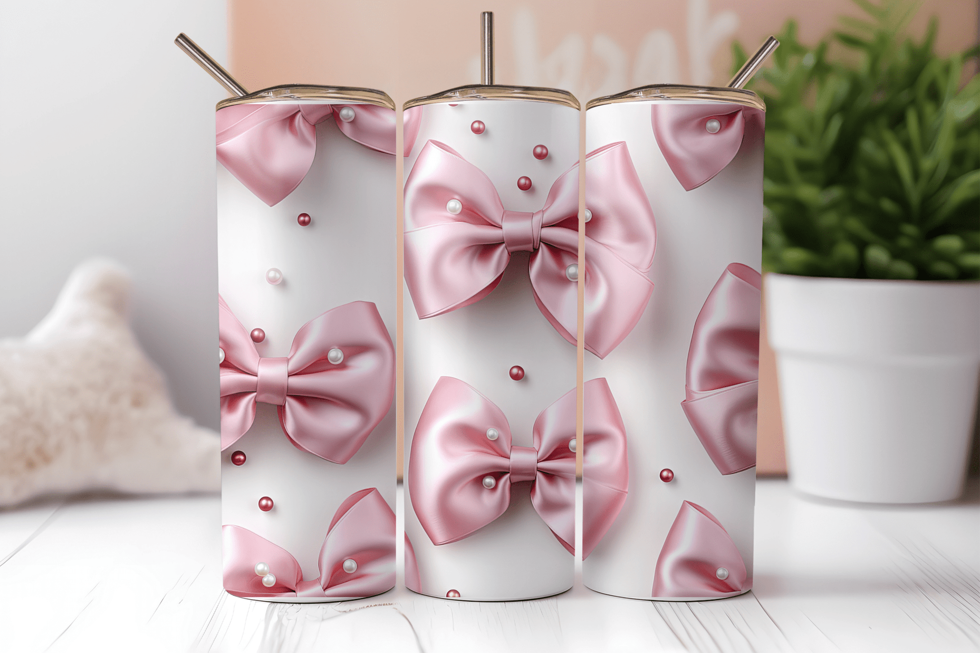 Pink Bow Pearls 20oz Sublimation Tumbler Wrap - Daydream Design Store - Physical