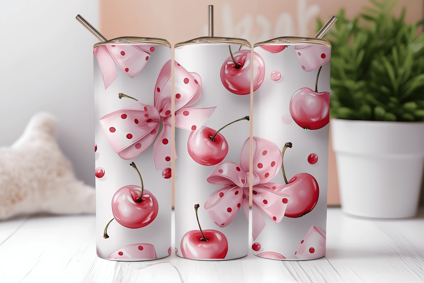 Pink Bows Cherry Coquette 20oz Sublimation Tumbler Wrap - Daydream Design Store - Physical
