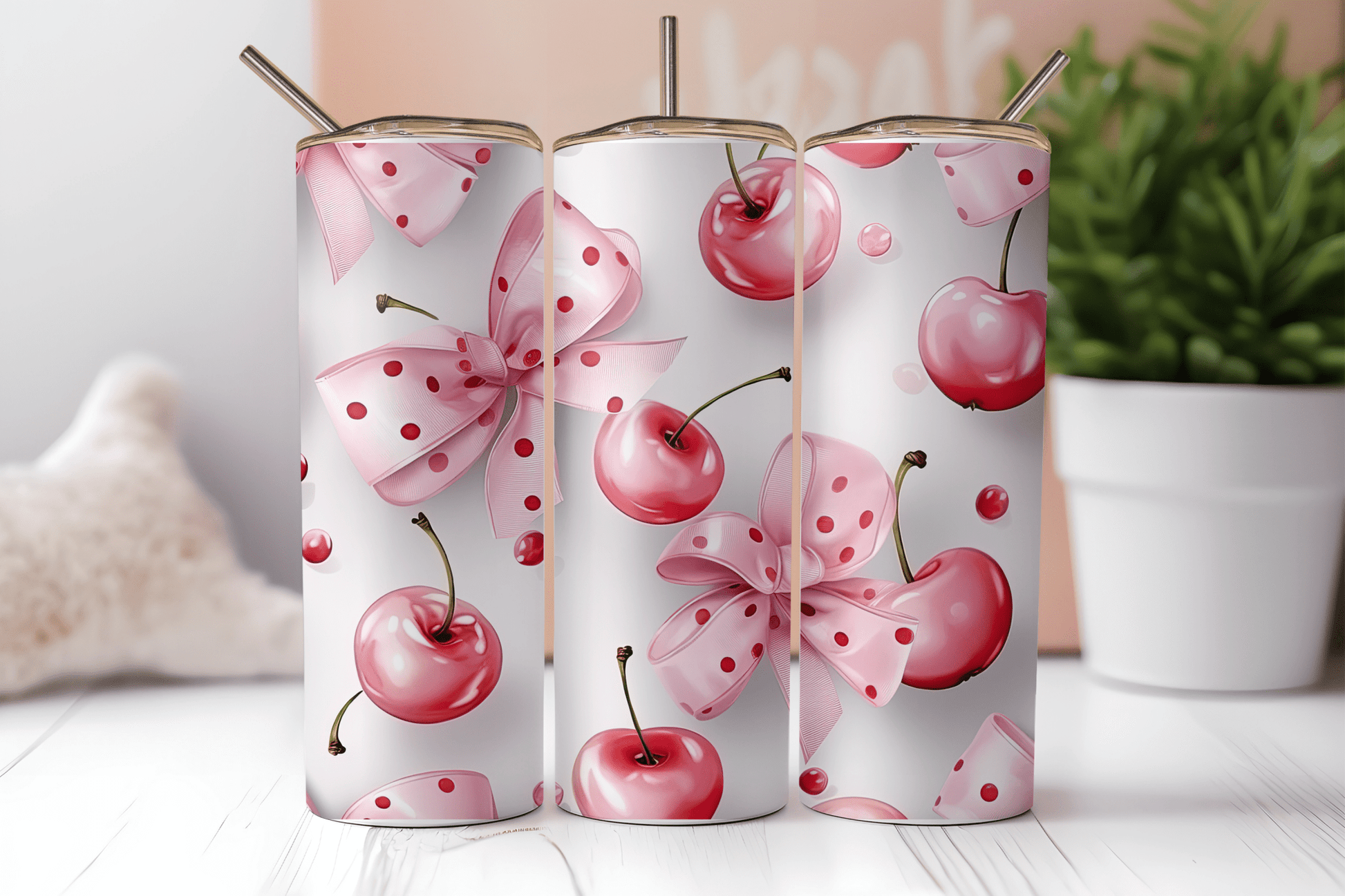 Pink Bows Cherry Coquette 20oz Sublimation Tumbler Wrap - Daydream Design Store - Physical
