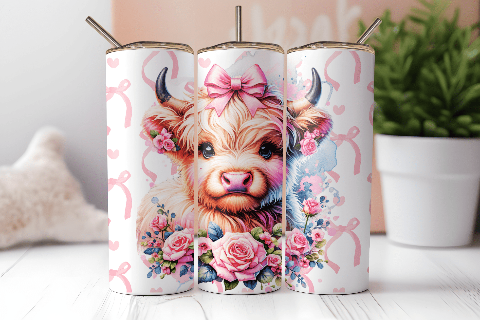 Pink Bows Coquette Highland Cow 20oz Sublimation Tumbler Wrap - Daydream Design Store - Physical